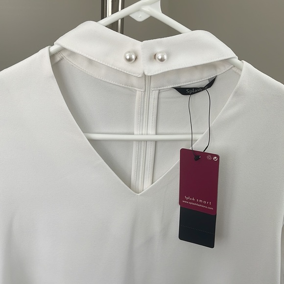 NEW White Blouse V neck pearl brooch pin Medium night out 3/4 sleeves - Picture 4 of 9